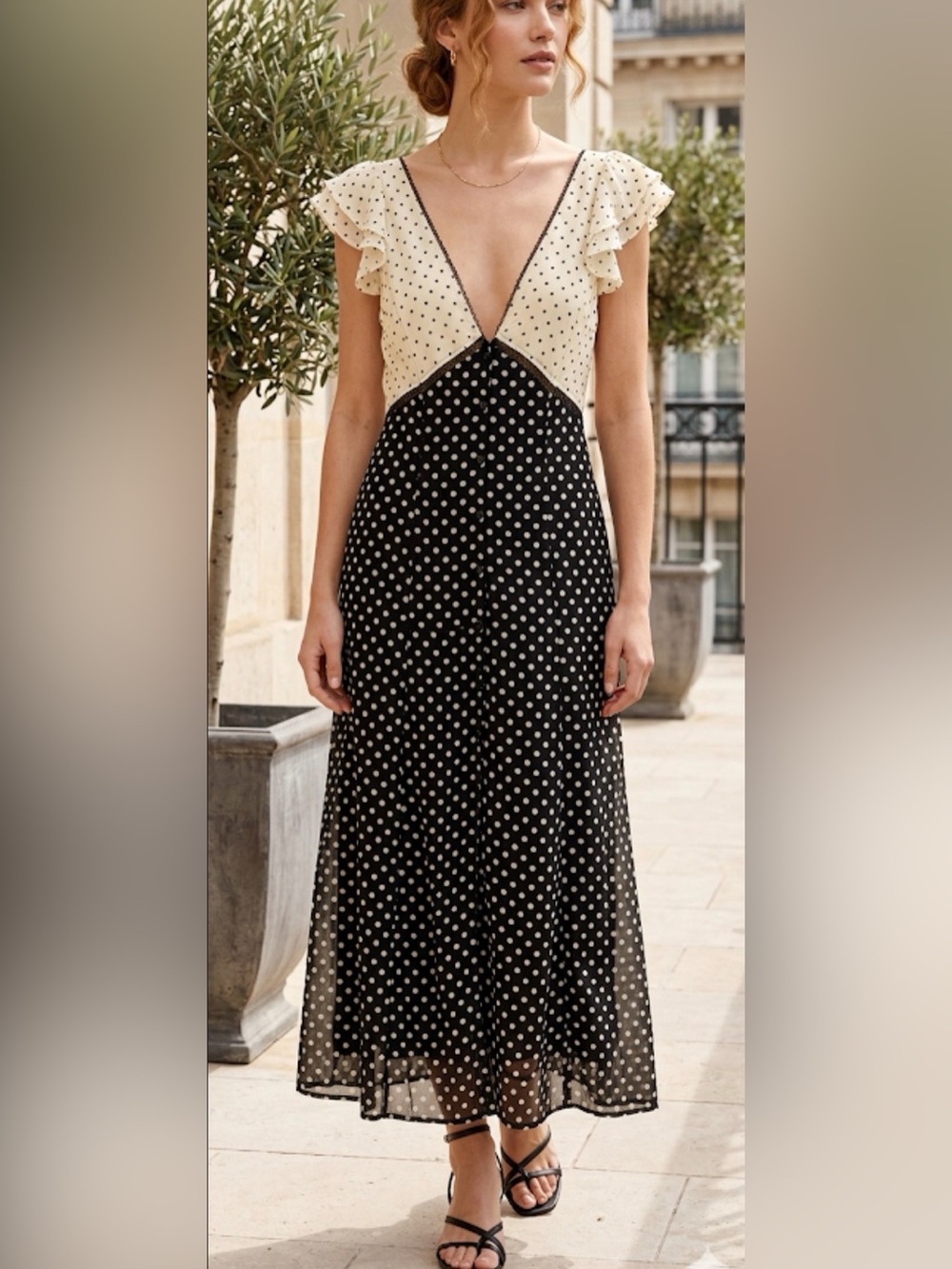 Urban Outfitters Polka Dot Two-Tone Midi Dress - Black & Cream